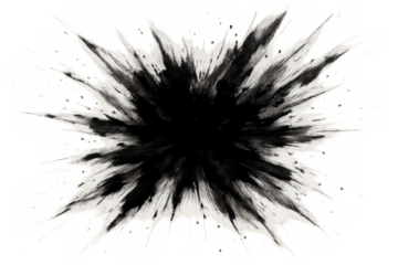 Black ink exploding or paint splatter creating an abstract burst effect isolated on transparent background