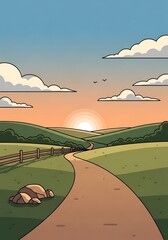 Serene countryside landscape with rolling hills under a pastel sunrise painting a picturesque scene