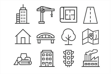 City Expansion Icons. City expansion. Line icon set of City expansion: skyscraper, construction crane, blueprint, road, house, bridge, tree, city