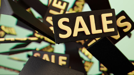Sales Frenzy: Floating Sale Signs Create a Dynamic, Busy Retail Scene with Excitement and Energy