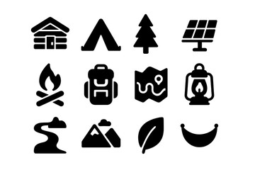 Eco-Lodging Icon Set. Eco-lodging. Solid icon set of Eco-lodging: cabin, tent, tree, solar panel, campfire, backpack, map, lantern, river, mountain, leaf,
