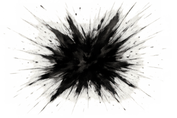 Black powder explosion impact creating a burst of ink splatter and smoky abstract paint texture on transparent background