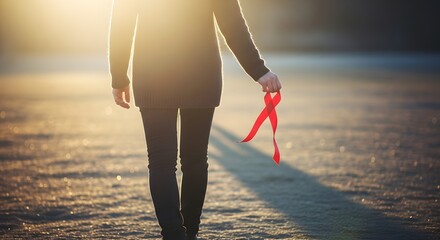 Walking forward with hope, a person displays a red ribbon in support of AIDS awareness under the golden sunlight, promoting compassion and solidarity.
