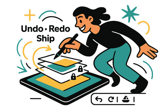 Vibrant Digital Creativity. Digital illustration session. A tablet glows as a stylus swoops; layers stack like playing cards with tiny lock icons. ?Undo ? Redo