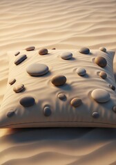 Tranquil arrangement with pebbles adorning a soft cushion in a sandy space