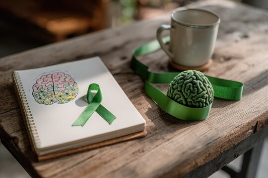 Brain illustration on notebook with green ribbon and plush brain, alongside a cup on wooden table, symbolizing mental health awareness and self-care practices