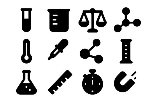 Lab Measurement Icons. Lab Measurement. Solid icon set of Lab Measurement: test tube, beaker, flask, balance scale, thermometer, pipette, molecular model,