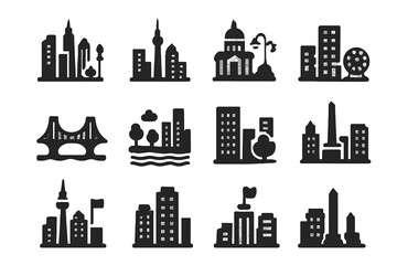 Obraz premium City Skyline Icons. City skylines. Solid icon set of City skylines: tall buildings, tower, dome, bridge, street lights, park, riverbank, apartment block,
