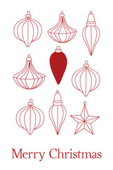 Christmas greeting card template with hand-drawn ornaments in line art doodle style