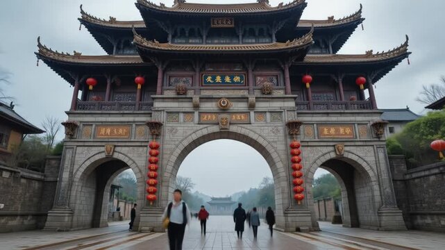 An ancient city gate with a layered roof and red lanterns stands tall in Enshi, China under a cloudy sky, showcasing traditional architecture. 4k video