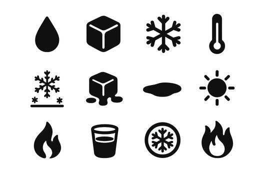 Liquid to Solid Icons. Liquid to solid. Solid icon set of Liquid to solid: water droplet, ice cube, snowflake, thermometer, snow, melting ice, puddle, sun,