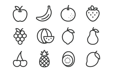 Fruit Line Icons. Fruits. Line icon set of Fruits: apple, banana, orange, strawberry, grape, watermelon, lemon, pear, cherry, pineapple, kiwi, mango. All