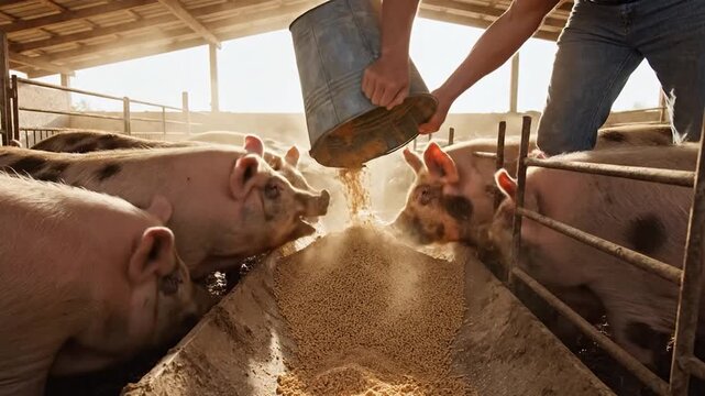 Farm animal feeding time in sunny barn livestock agriculture