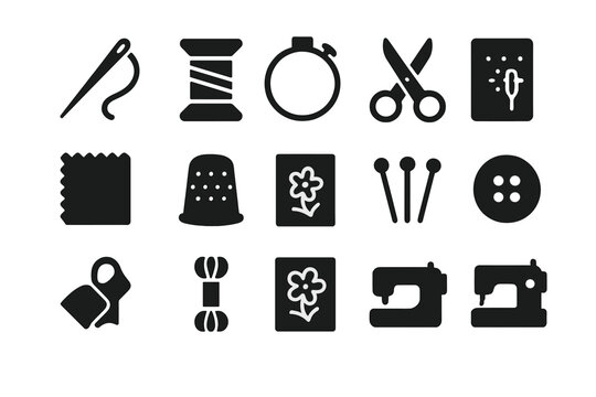 DIY Embroidery Icons. DIY Embroidery Projects. Solid icon set of DIY Embroidery Projects: needle, thread spool, embroidery hoop, scissors, fabric, thimble,