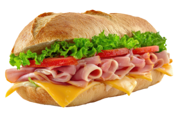 Close-up of a ham and cheese sub.  Freshly baked, crusty roll, filled with sliced ham, cheese, lettuce, and tomato.  Appetizing presentation