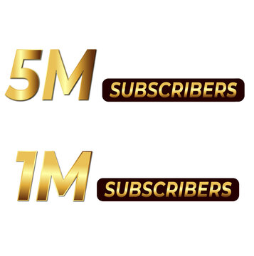 gold subscriber milestone badges, 1m and 5m subscribers achievement icons for social media creators