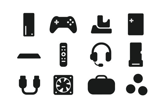 Console Accessories Icons. Console Accessories. Solid icon set of Console Accessories: console, gamepad, charging dock, battery pack, console stand, media