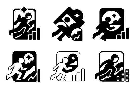 Imaginative Marketing Logos. escapism in marketing. Icon set. Set Logo of escapism in marketing: imaginative ad experience. harmonious logo variations of the