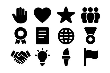 Volunteer Achievements Icons. Volunteer achievements. Solid icon set of volunteer achievements: hand, heart, star, people group, ribbon, document, globe,