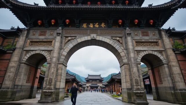 An ancient city gate with a layered roof and red lanterns stands tall in Enshi, China under a cloudy sky, showcasing traditional architecture. 4k video