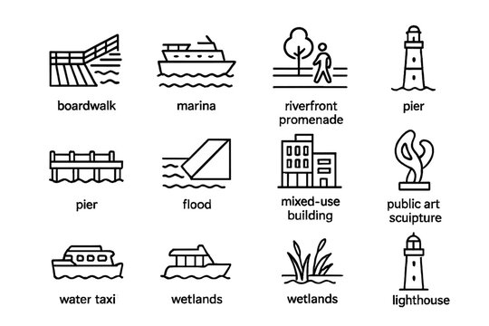 Waterfront Icon Set. Waterfront redevelopment. Line icon set of waterfront redevelopment: boardwalk, marina, ferry, riverfront promenade, pier, flood levee,