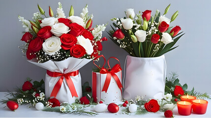 Premium bouquets of roses with decorative candles and gift packaging