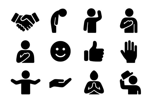 Polite Gestures Icons. Polite gestures. Solid icon set of Polite gestures: handshake, bow, wave, hand on heart, namaste, smile, thumbs up, raised hand, open