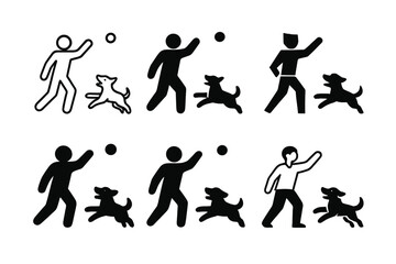 Obraz premium Joyful Pets Logos. joyful pets playing with their owners. Icon set. Set Logo of joyful pets playing with their owners: person running with dog in park.