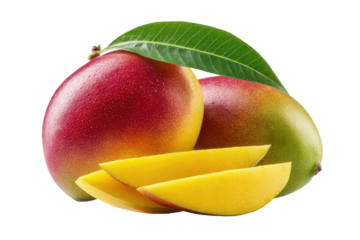 Two ripe mangoes, one whole and one sliced, with a vibrant color palette