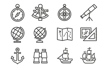 Naklejka premium Outline Navigational Icons. Navigational tools. Line icon set of navigational tools: compass, sextant, astrolabe, telescope, globe, map, chart,