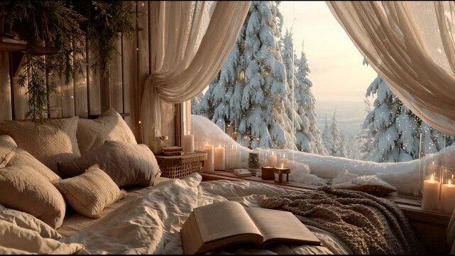 Bed by window with scenic snowy forest view and candles in cozy bedroom in winter on christmas