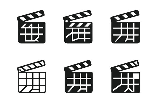 Hollywood Boulevard Logos. Hollywood Boulevard. Icon set. Set Logo of Hollywood Boulevard: clapboard merged with boulevard map grid. harmonious logo variations