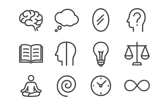 Philosophy Icon Set. Philosophy of mind. Line icon set of philosophy of mind: brain, thought bubble, mirror, question mark, book, human head split, light bulb,