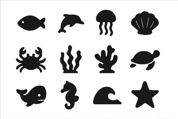 Obraz premium Marine Icons Collection. Marine life. Solid icon set of marine life: fish, dolphin, jellyfish, shell, crab, seaweed, coral, turtle, whale, seahorse, wave,