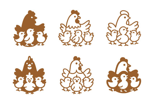 Joyful Farm Icons. Joyful scenes at a farm, with baby animals. Icon set. Set Logo of farm joy: mother hen surrounded by cheerful chicks. harmonious logo