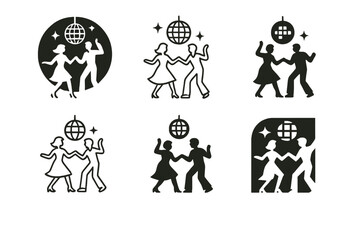 Retro Dance Logos. Retro couple. Icon set. Set Logo of retro couple: dancing under a disco ball silhouette. harmonious logo variations of the same emblematic