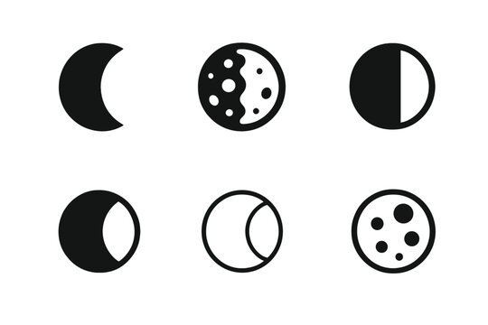 Moon Phase Icons. Moon phases. Icon set. Set Logo of moon phases: crescent-to-full sequence along a curved path. harmonious logo variations of the same