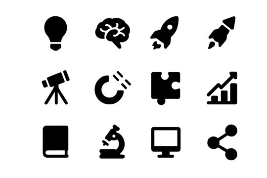 Paradigm Shift Icons. Paradigm Shift. Solid icon set of Paradigm Shift: light bulb, brain, gears, rocket, telescope, magnet, puzzle piece, chart, book,