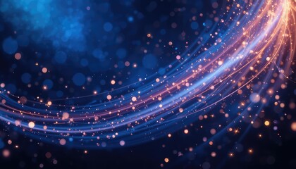 Abstract festive blue background with glowing curves and twinkling dots