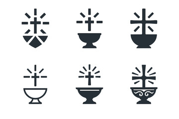 Baptism Emblems Collection. The significance of baptism in Christian faith. Icon set. Set Logo of baptism: cross emerging from rippling water. harmonious logo