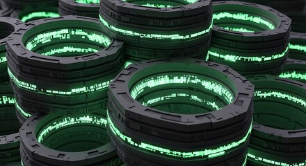 Futuristic geometric shapes illuminated with luminous green circuit lines