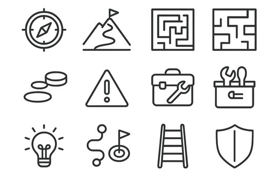 Career Challenge Icons. Navigating career challenges and overcoming obstacles. Line icon set of navigating career challenges and overcoming obstacles: compass,