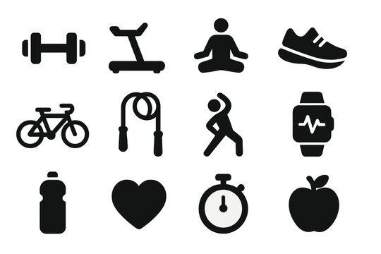 Fitness Icon Set. Fitness tracking. Solid icon set of Fitness tracking: smartwatch, running shoe, heart rate, step counter, dumbbell, stopwatch, water bottle,