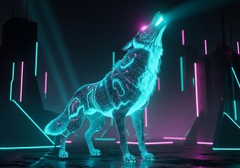 Futuristic wolf illuminated by neon lights stands out in the darkness