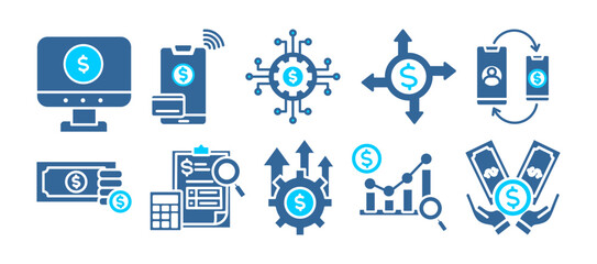 economic icon set collection in dual tone style. an icon pack contain digital economy, online payment, digital money, transaction, money transfer, money, accounting , profit growth, economics