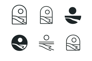 Empty Beach Icons. Empty Beach. Icon set. Set Logo of Empty Beach: tranquil seashore line art. harmonious logo variations of the same emblematic concept, each