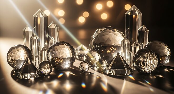 Gleaming crystal shapes under soft studio lighting, geometric collection