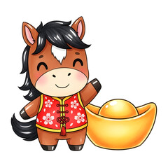 Kawaii brown horse in a red floral festive vest standing next to a large gold ingot, cheerful Lunar New Year clipart on transparent background
