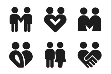 Love Icons Grid. Love. Icon set. Set Logo of Couple: Holding hands. Stylized detail, Iconic shape, Minimal outline, Filled silhouette, Abstract geometric,