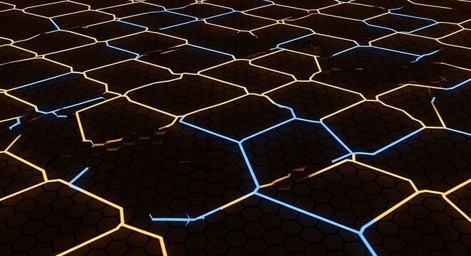 High-Tech Honeycomb Texture with Glowing Fractured Lines Design Element